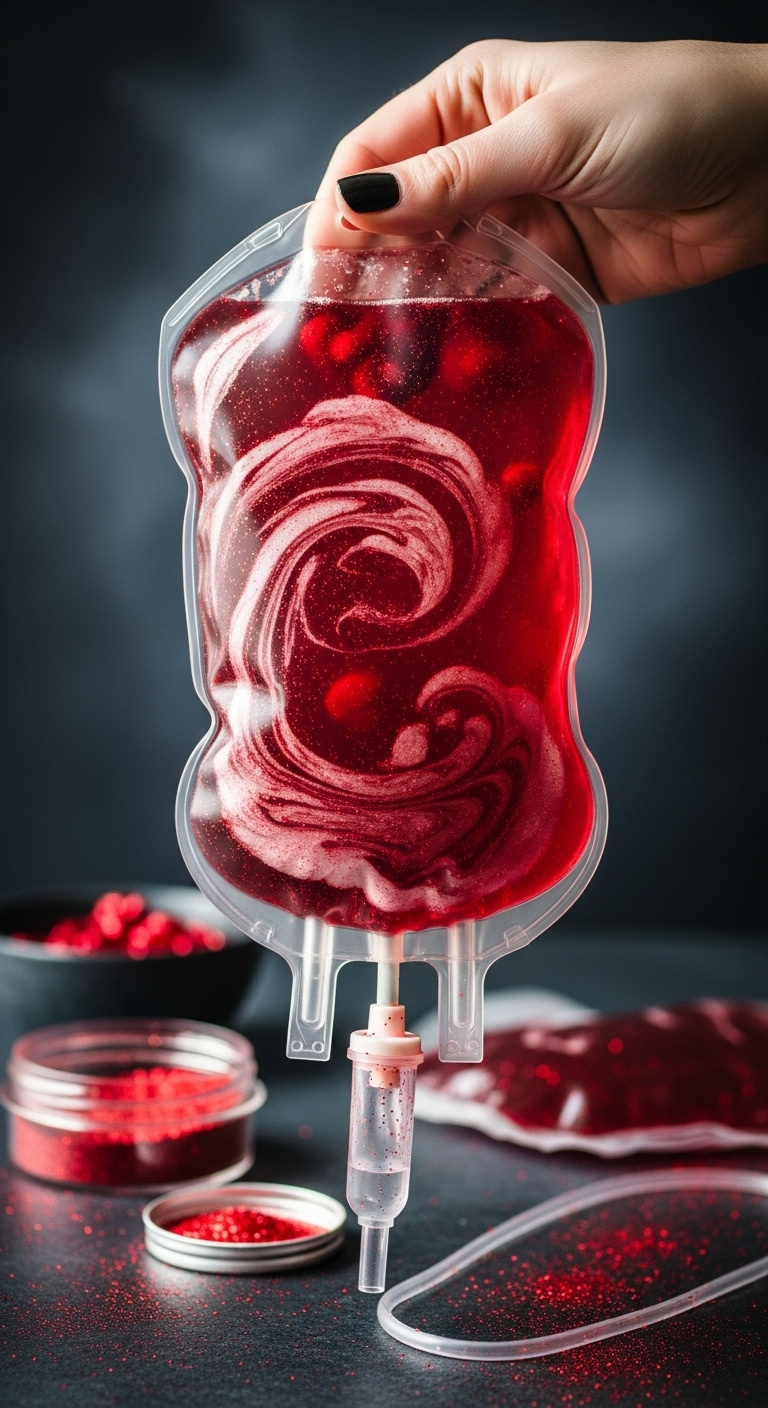 Magical Halloween Iv Blood Bag Drink With Shimmering Ruby Red Punch And Edible Glitter Perfect For Gory Glamorous Recipes