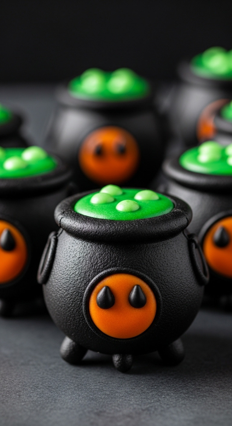 Magical Black Cauldron-Shaped Cookies With A Glowing Center, Ideal For A Spooky Halloween Treat Or Party.