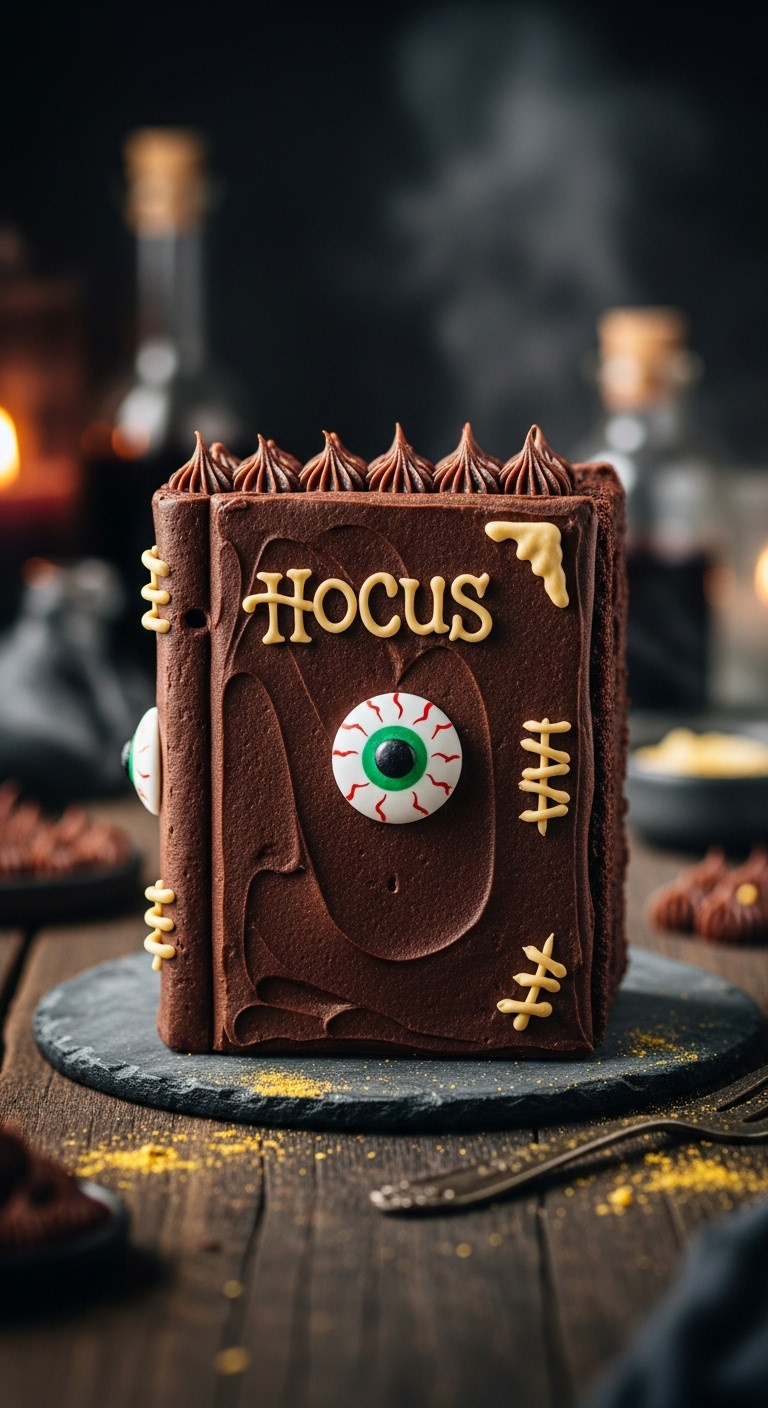 Magical Chocolate Spellbook Brownie, Large Candy Eyeball, Intricate Piped &Quot;Stitching,&Quot; Gold Dust. Perfect Halloween Dessert.