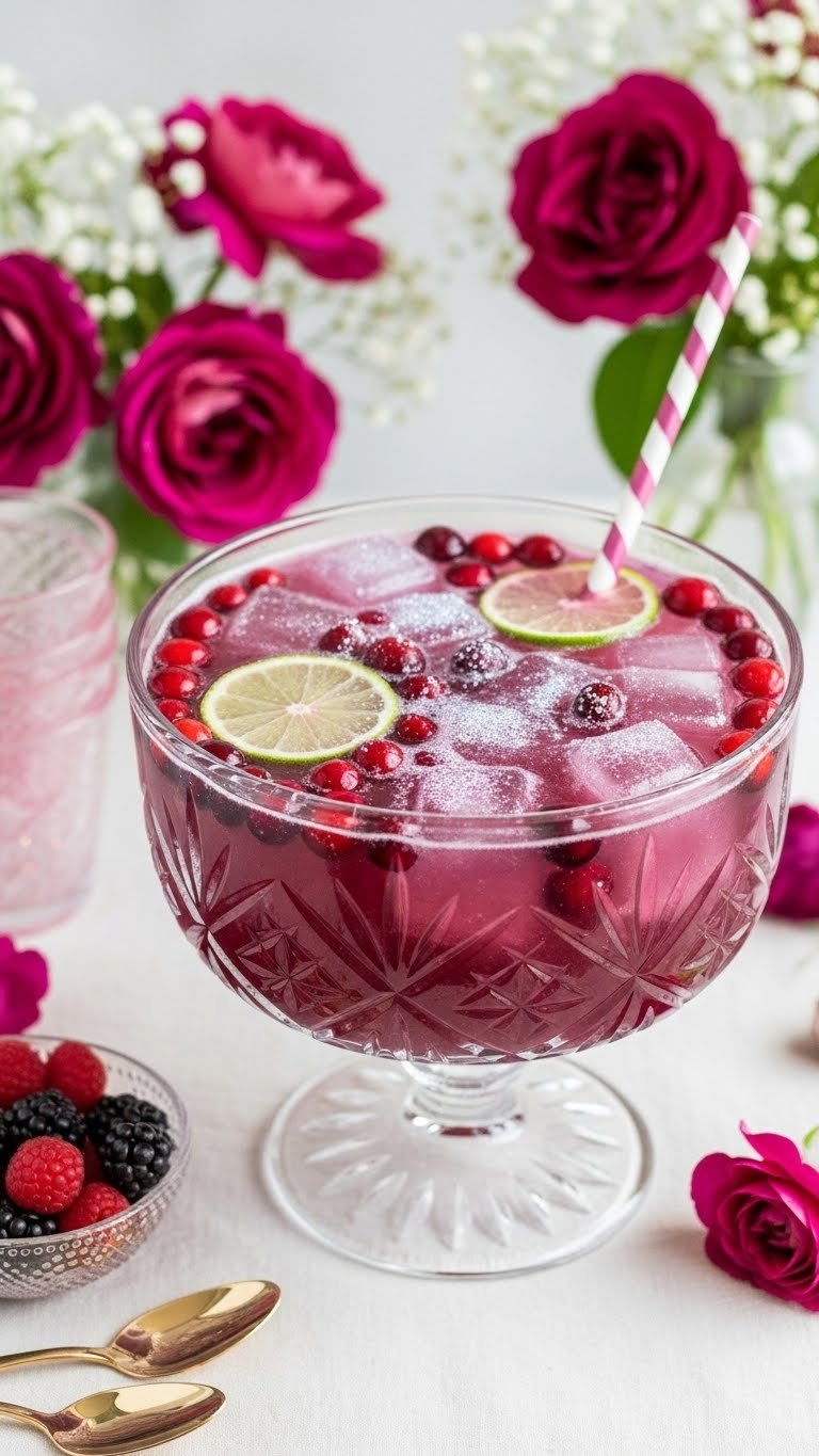 Magical Sugar Plum Fairy Punch In Elegant Glass Bowl With Cranberries And Edible Glitter Garnish.