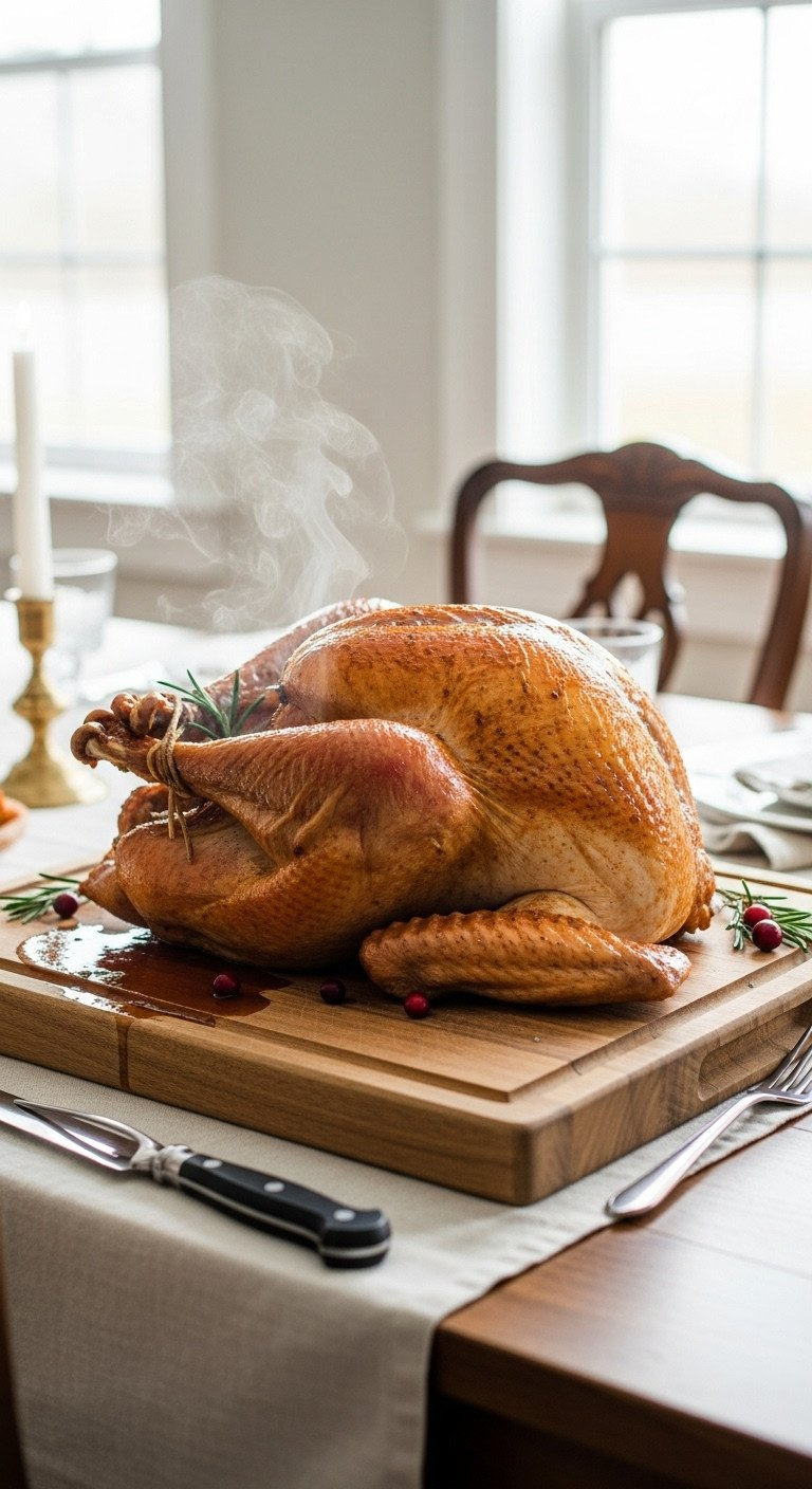 Magnificent Golden-Brown Roasted Turkey Resting On A Wooden Carving Board With Knife And Fork, Ready For Thanksgiving Feast.