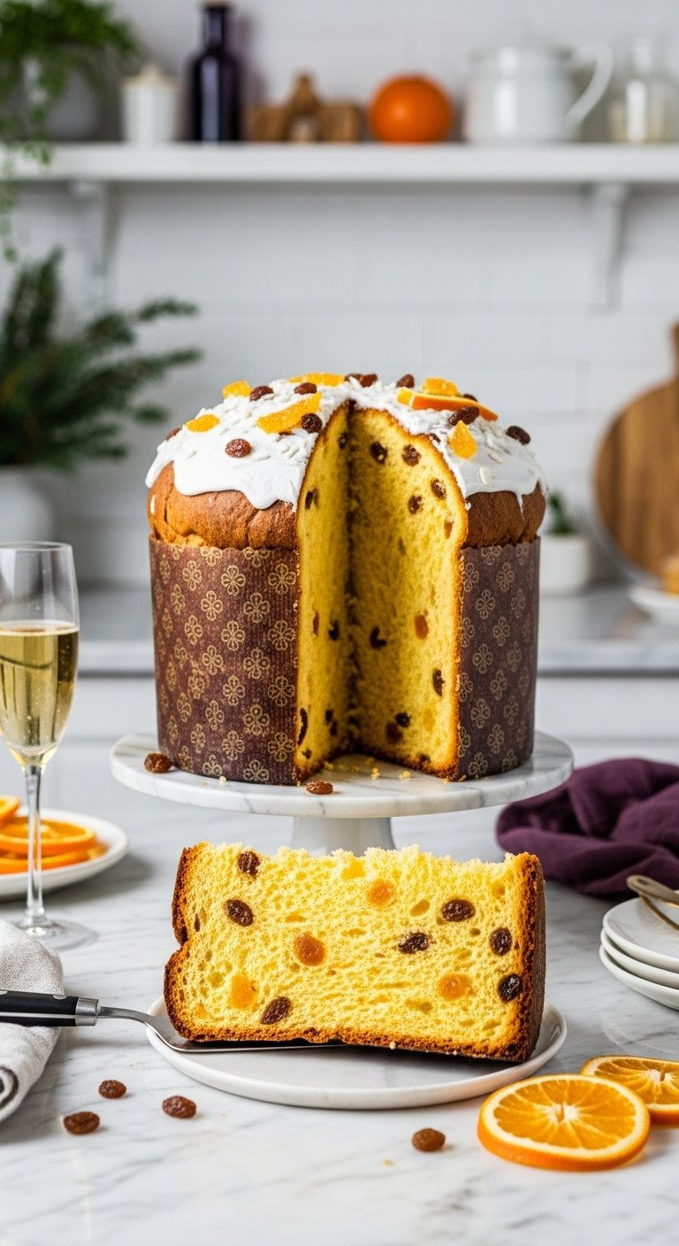 Majestic Italian Panettone, With A Slice Revealing Airy Crumb, Candied Orange, Raisins. Festive Sweet Bread On An Elegant Stand.