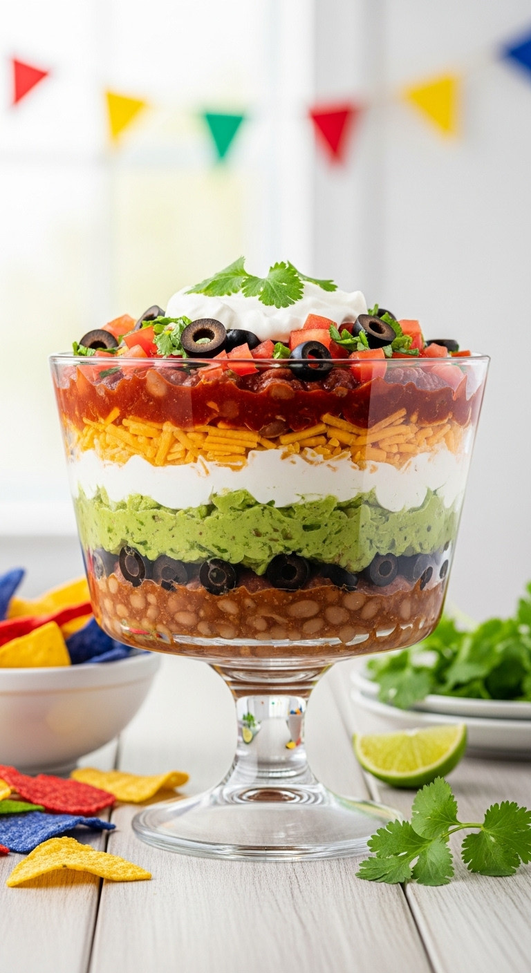 Make Ahead 5 Layer Mexican Dip In A Glass Trifle Bowl With Beans Guacamole Sour Cream Cheese And Toppings