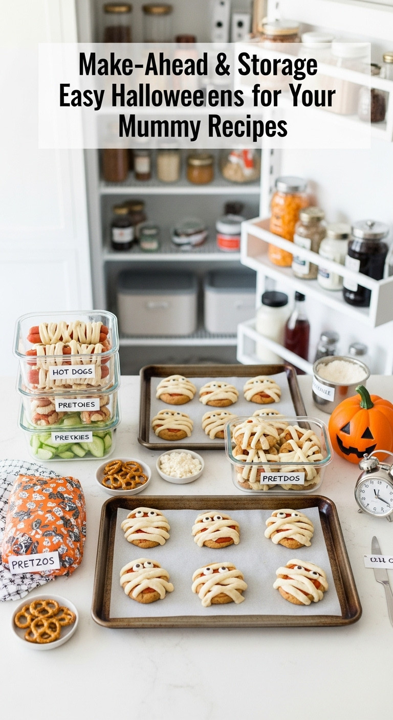Make-Ahead Mummy Hot Dogs, Cookies, Pretzels In Containers On A White Counter. Organized Halloween Party Food Prep.
