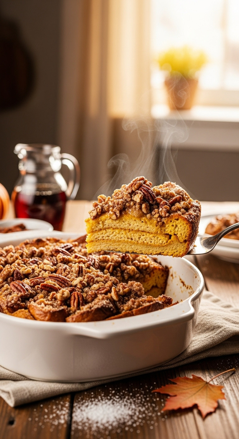 Make Ahead Pumpkin French Toast Casserole Slice Being Lifted From A Baking Dish With Steam And Autumn Decor