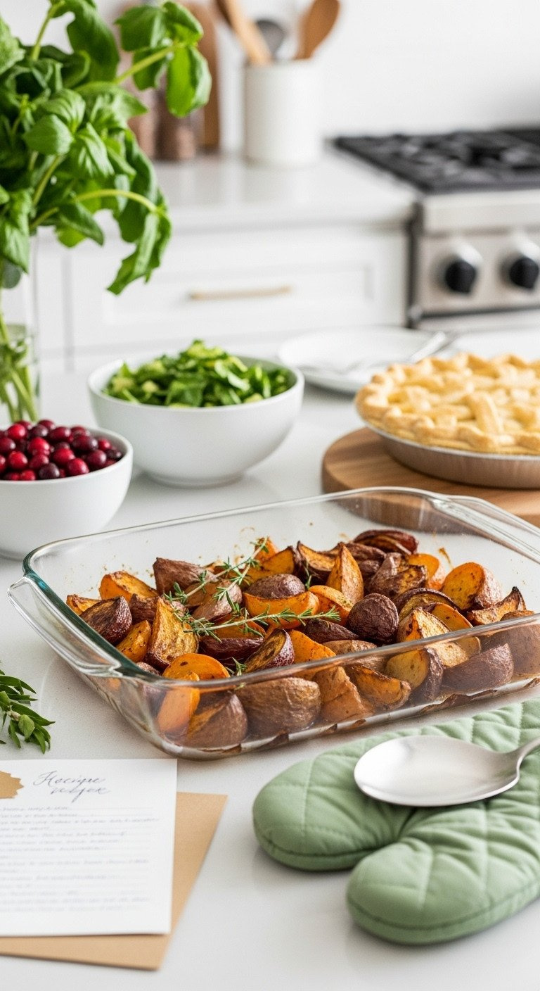 Make-Ahead Roasted Root Vegetables In A Glass Baking Dish, Ready To Reheat For Thanksgiving. Organized Holiday Meal Prep.