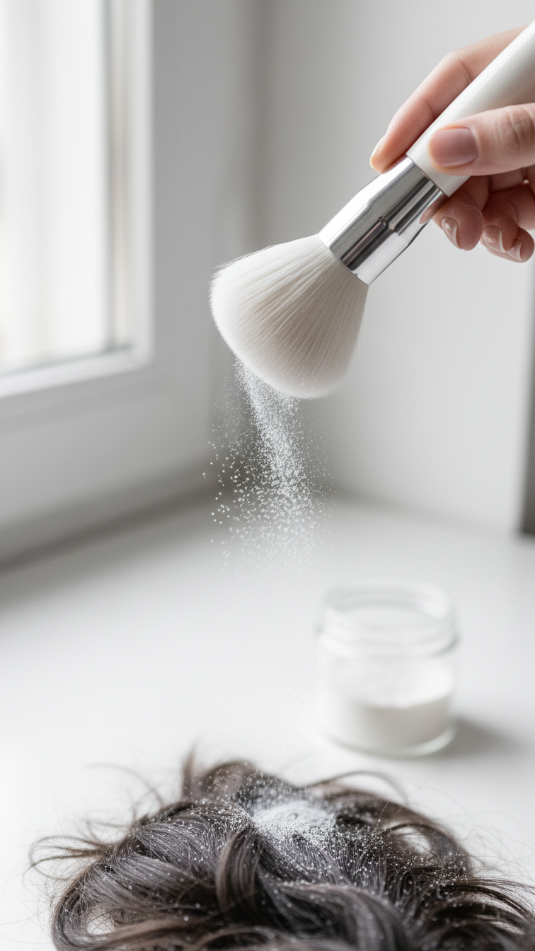 Makeup Brush Applying Diy Dry Shampoo Powder To Dark Hair Roots With Powder Mist Falling In Minimalist Vanity Setup