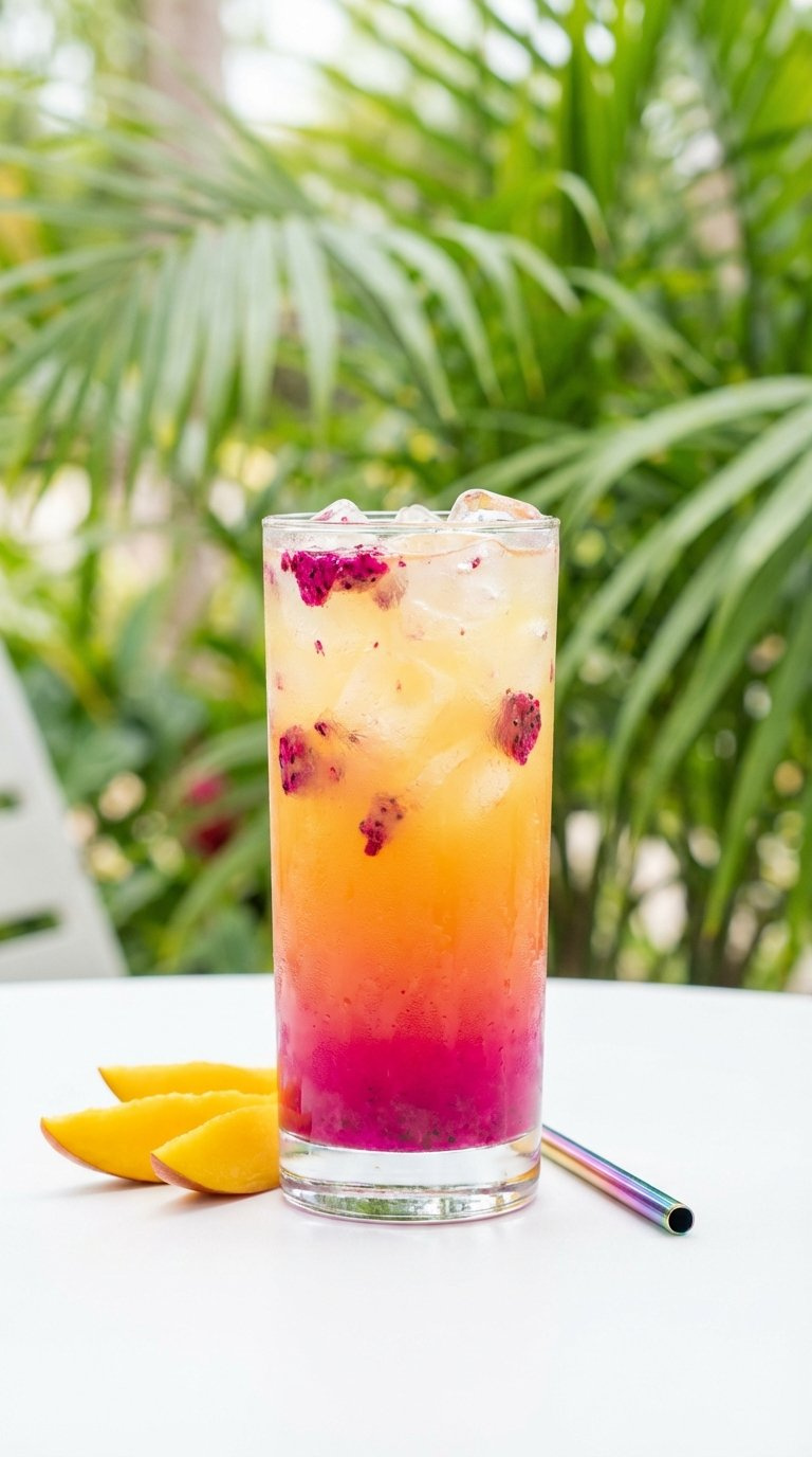 Mango Dragonfruit Lemonade Refresher With Magenta-Orange-Yellow Gradient And Floating Dragonfruit Pieces