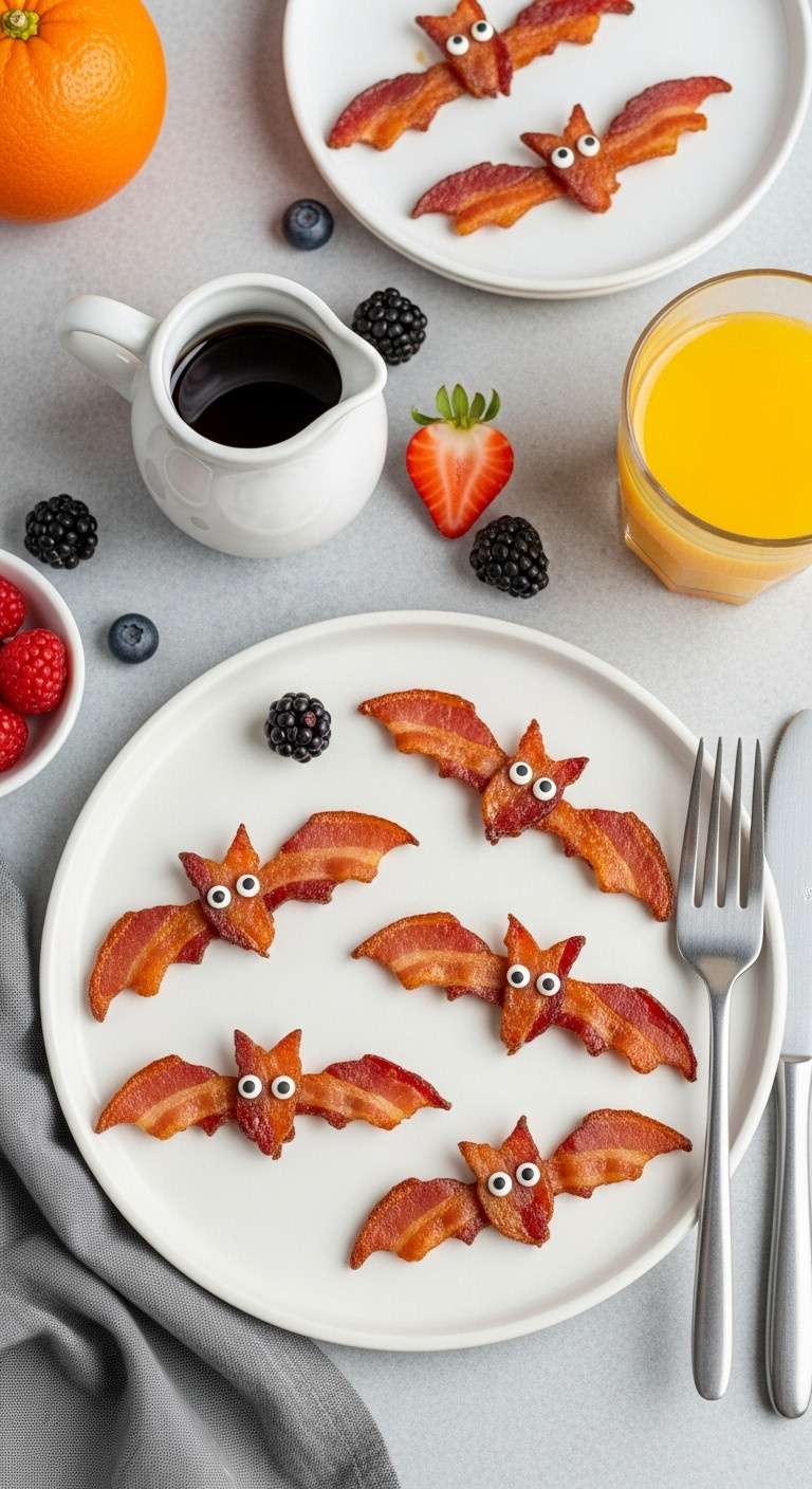 Maple Halloween Bacon Bats On A White Plate With Syrup And Berries Perfect For A Spooky Breakfast
