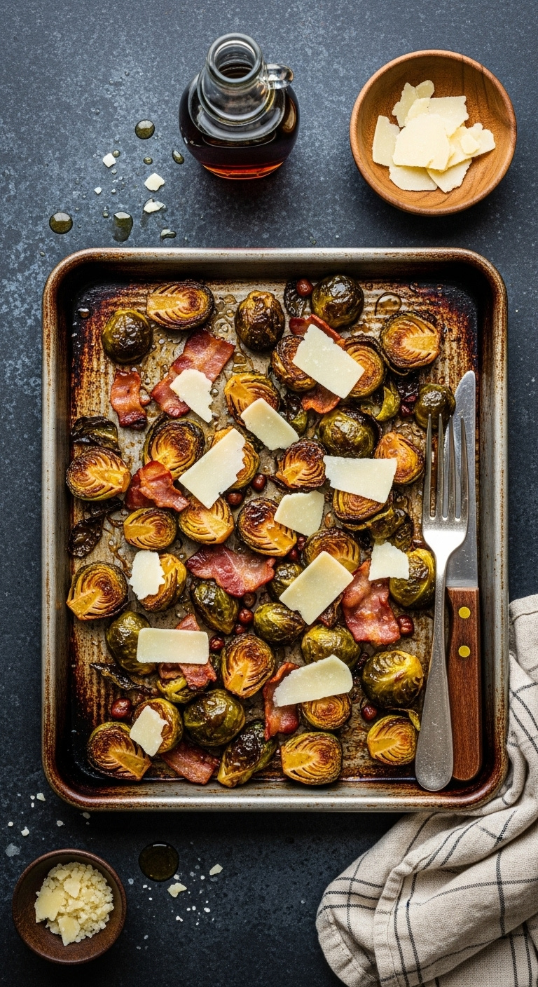 Maple Bacon Brussels Sprouts With Parmesan On A Rustic Metal Baking Sheet With Natural Window Light