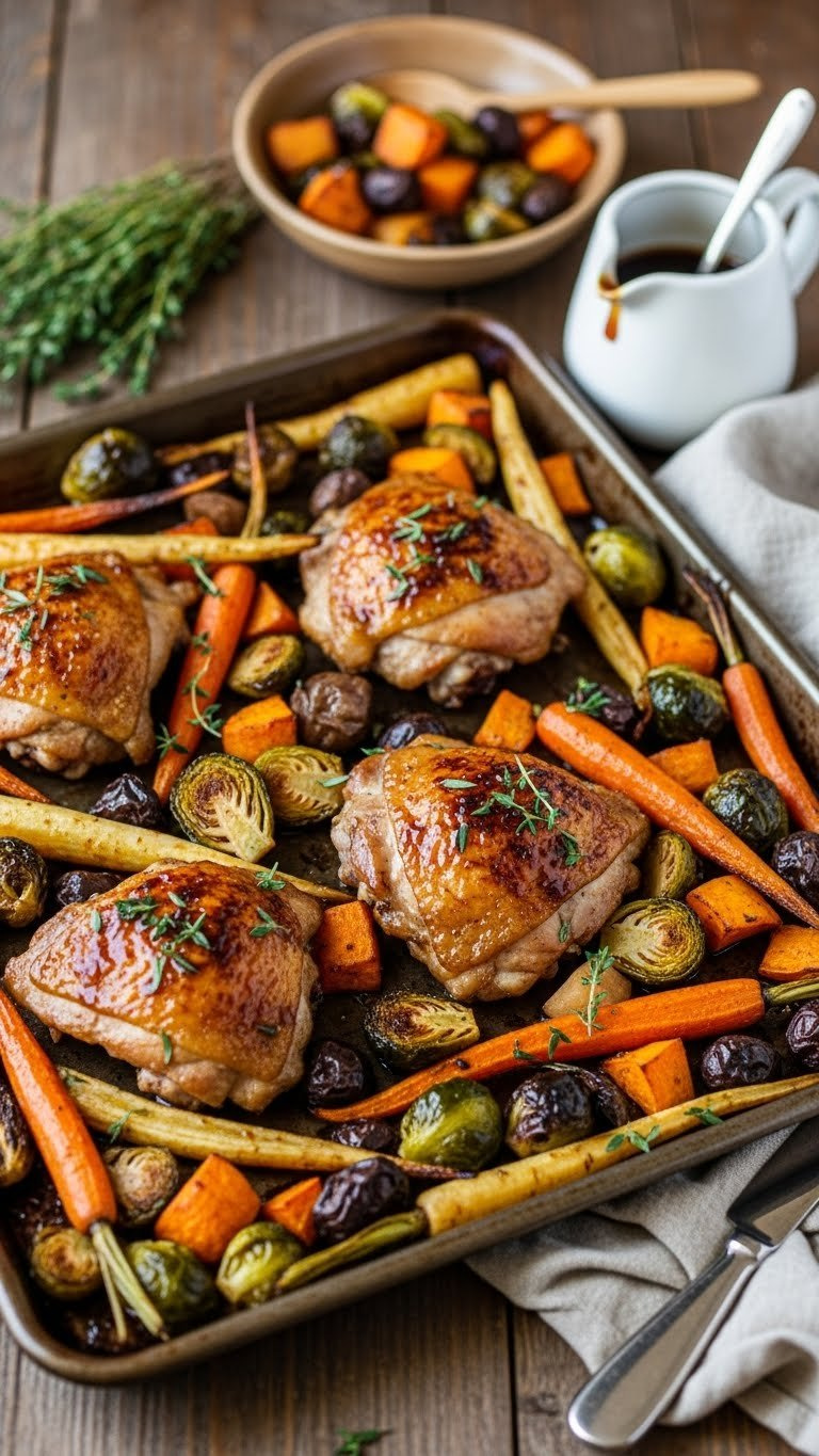 Maple Balsamic Baked Chicken With Roasted Root Vegetables Glistening With Glaze On Rustic Wooden Table