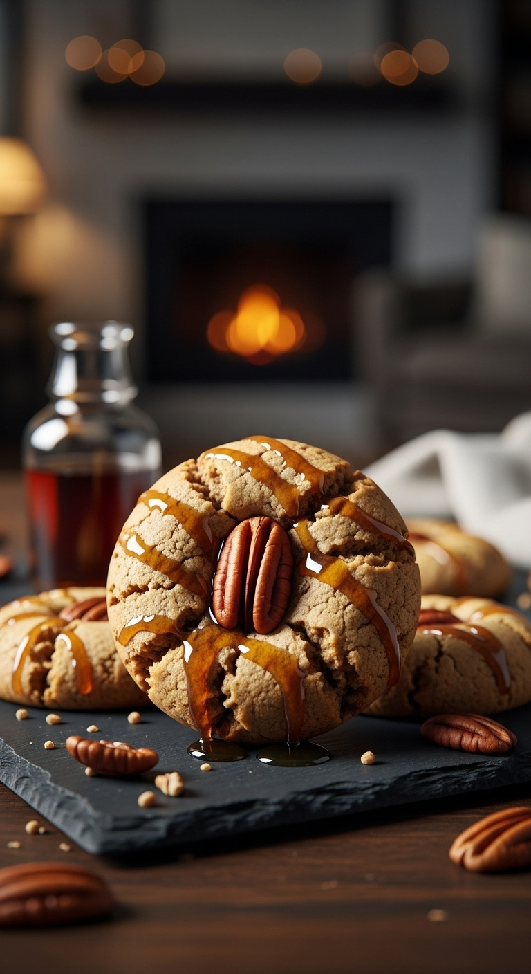 Maple Brown Sugar Cookie With Maple Glaze And Pecan On Dark Slate Board With Maple Syrup And Pecans In Cozy Rustic Setting