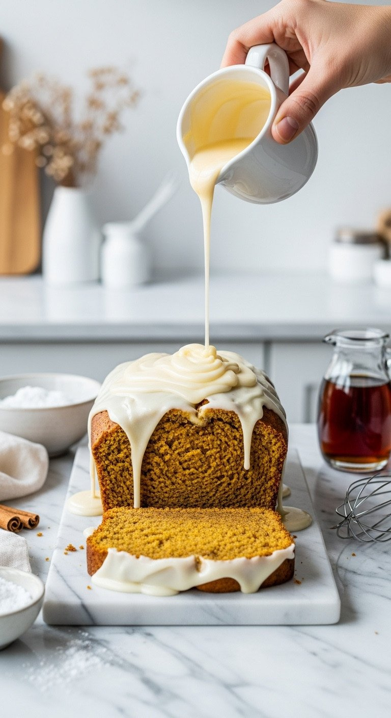 Maple Glaze Drizzled On Golden-Brown Pumpkin Bread, On A Marble Counter With Syrup And Whisk. Elegant Fall Dessert Recipe.