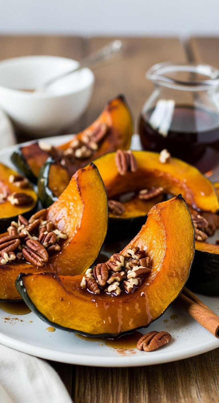 Maple-Glazed Roasted Kabocha Squash Wedges On A Platter, Glistening And Topped With Toasted Pecans For A Holiday Side Dish.