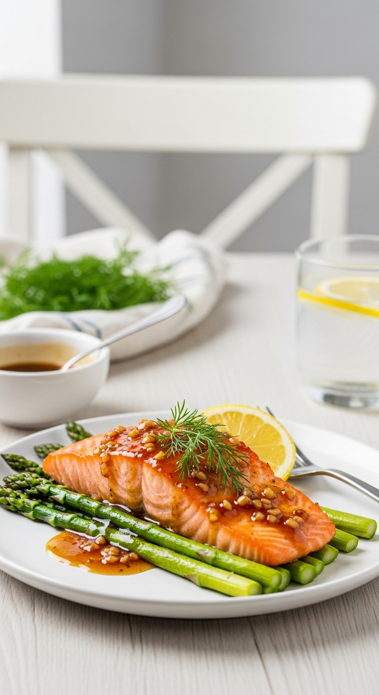 Maple Glazed Salmon With Dill Lemon And Roasted Asparagus On A White Plate On A Light Wooden Table