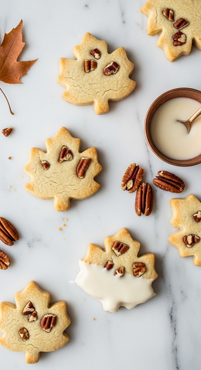 Maple Leaf Shortbread Cookies On Marble, One Dipped In Maple Glaze. Pecans, Autumn Leaf, Bright Daylight, Elegant Fall Treat.