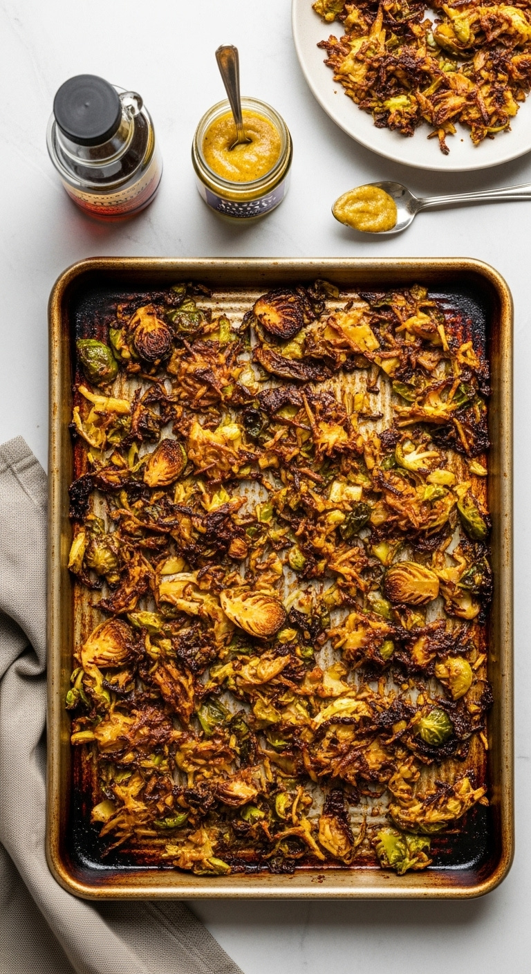 Maple Mustard Roasted Shredded Brussels Sprouts With Dark Caramelization On A Baking Sheet With Mustard And Maple Syrup