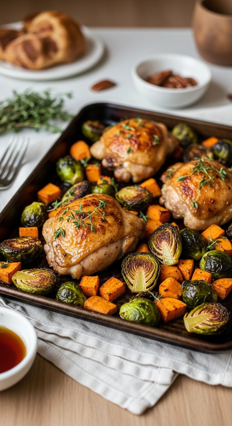 Maple Roasted Chicken Sweet Potatoes And Brussels Sprouts On A Dark Metal Sheet Pan With Thyme And Pecans