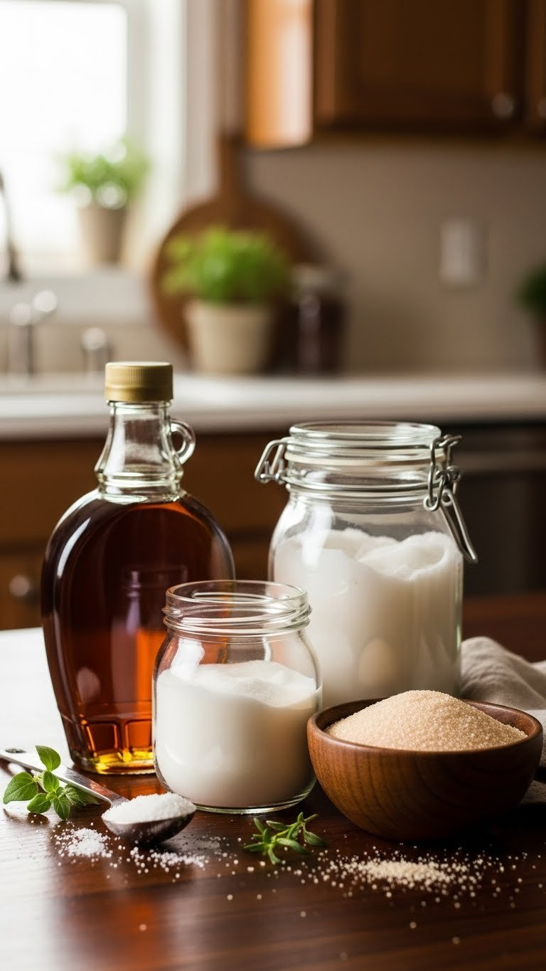 Maple Syrup Bottle, Coconut Oil Jar, And Cane Sugar Bowl Arranged On Polished Dark Wooden Surface