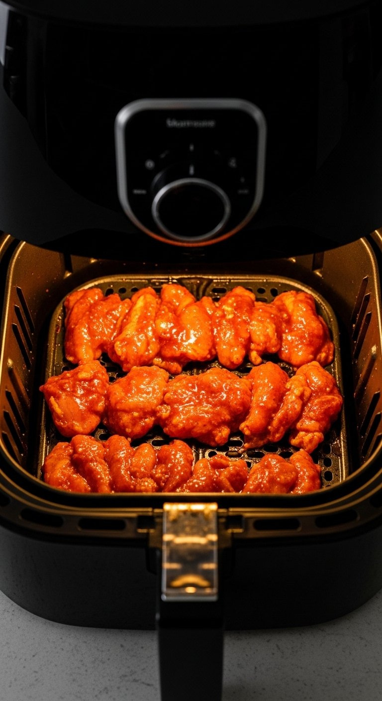 Marinated Gochujang Chicken Pieces Arranged In A Single Layer Inside An Air Fryer Basket.