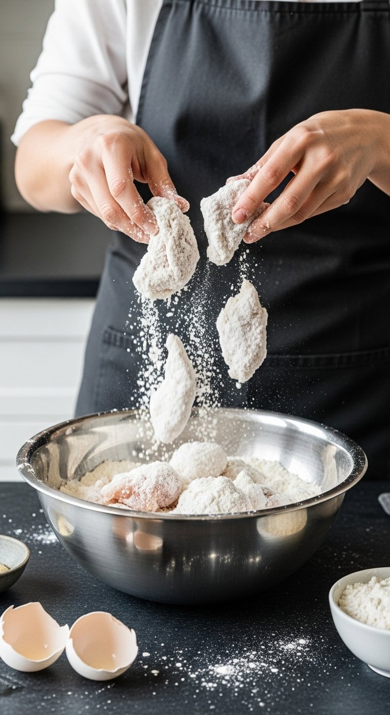 Marinated Chicken Pieces Coated In White Cornstarch Inside A Stainless Steel Bowl On A Dark Slate Countertop.