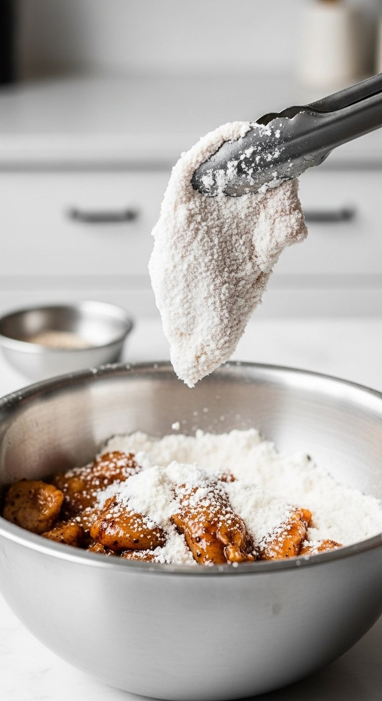 Marinated Chicken Pieces Coated In White Potato Starch Inside A Large Stainless Steel Mixing Bowl.