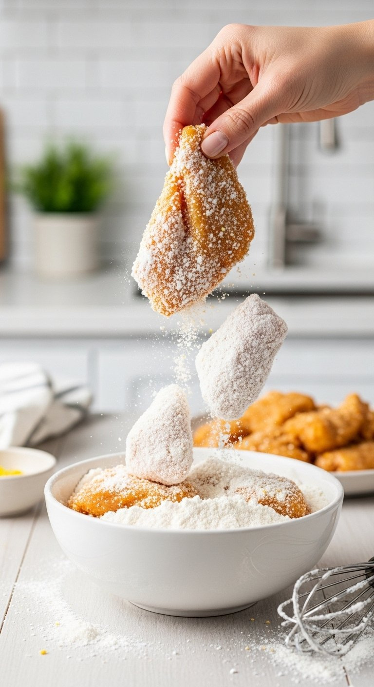 Marinated Chicken Pieces Tossed In A Bowl Of White Cornstarch For A Crispy Coating On A Wooden Surface.
