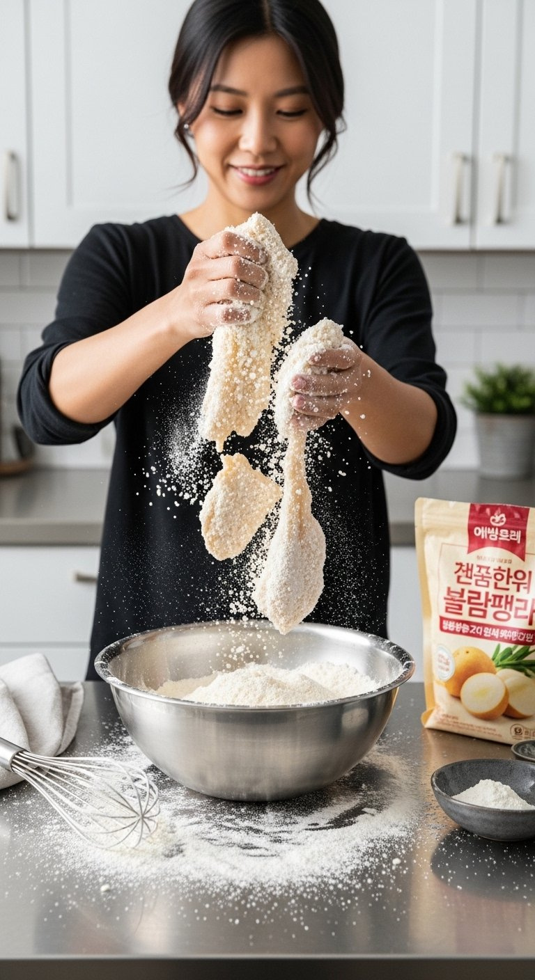 Marinated Chicken Pieces Tossed In Fine White Potato Starch With Dust Clouds In The Air.