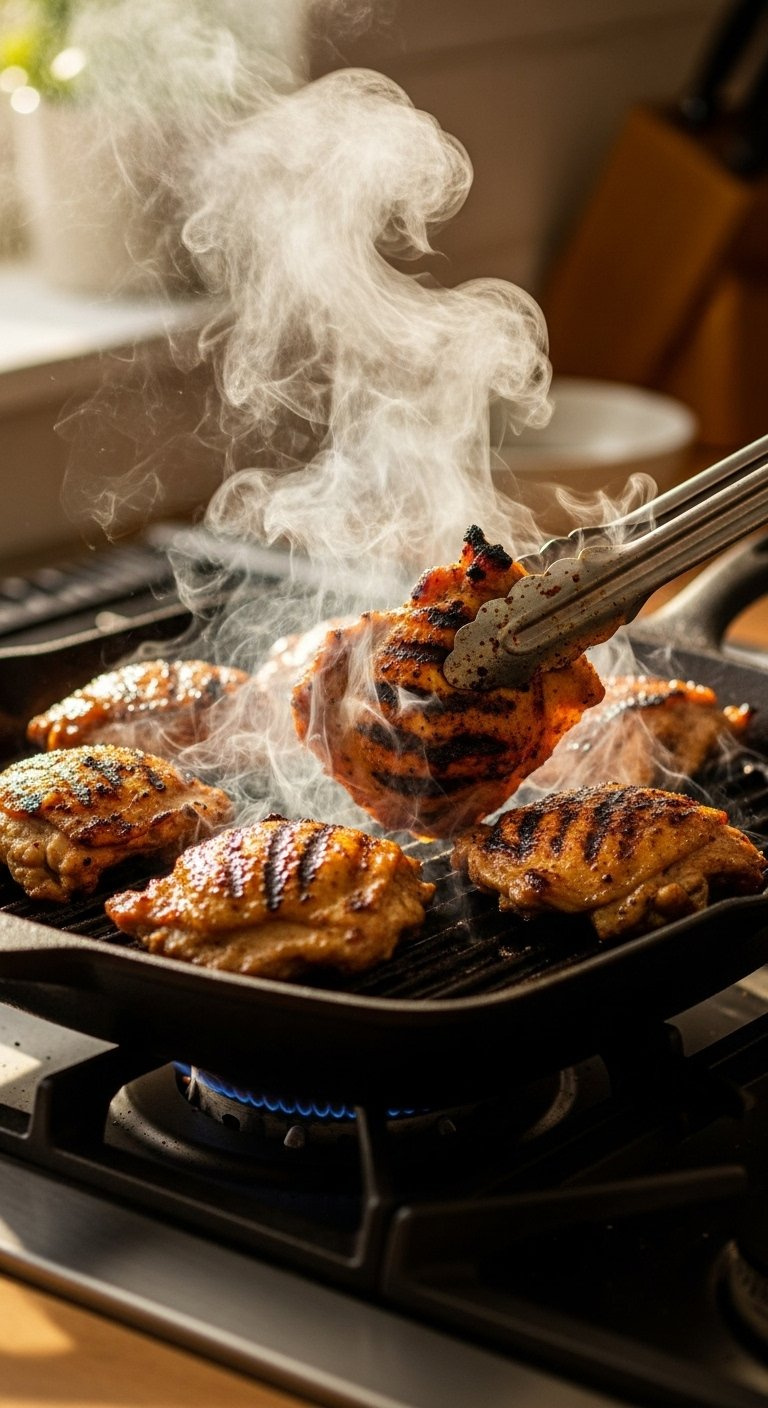 Marinated Chicken Thighs Sizzling On A Cast Iron Grill Pan With Char Marks And Tongs.