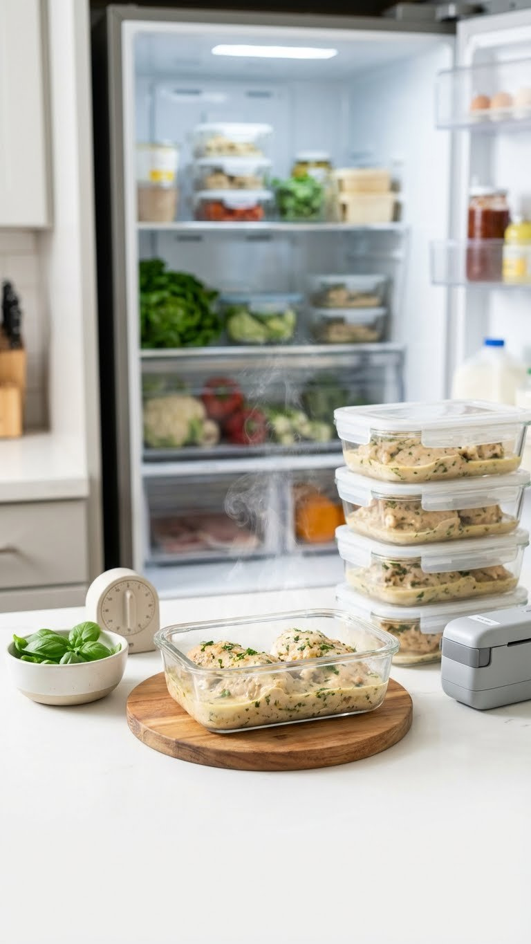Marry Me Chicken In Clear Meal Prep Containers, With One Reheating, Demonstrating Efficient Kitchen Food Storage.