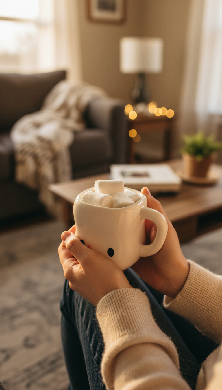 A Close-Up Of A Marshmallow-Shaped Hot Chocolate Mug Filled With Cocoa And Mini Marshmallows.