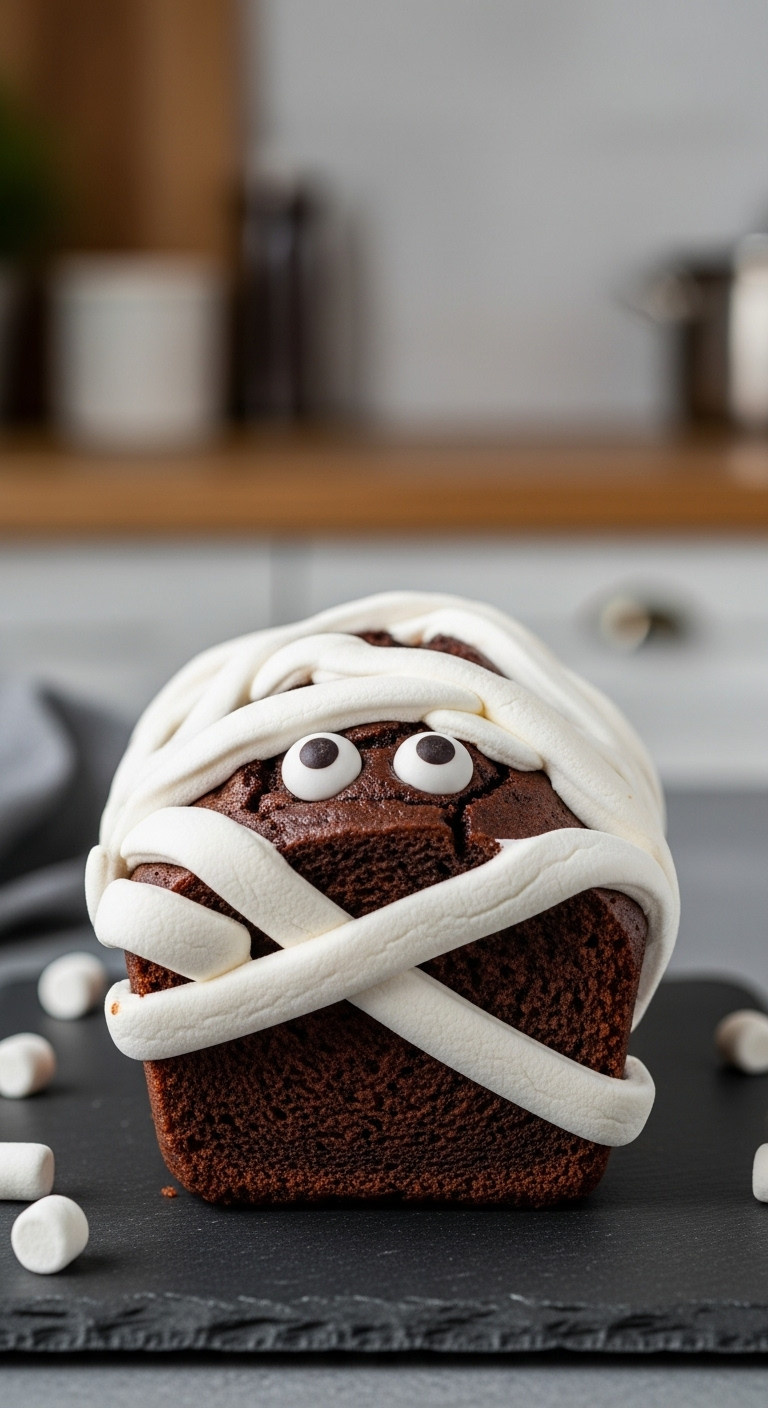 Marshmallow Mummy Chocolate Cake With Candy Eyeballs On A Dark Gray Stone Surface With Scattered Mini Marshmallows