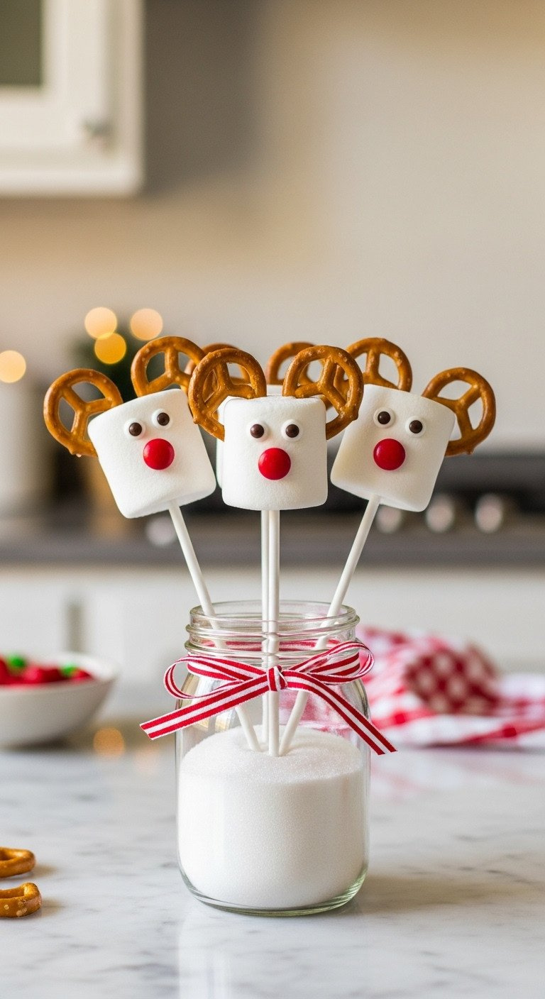 Marshmallow Reindeer Pops: Chocolate-Dipped, Pretzel Antlers, Candy Faces, In A Clear Jar With Sugar And Ribbon. Marble Counter.