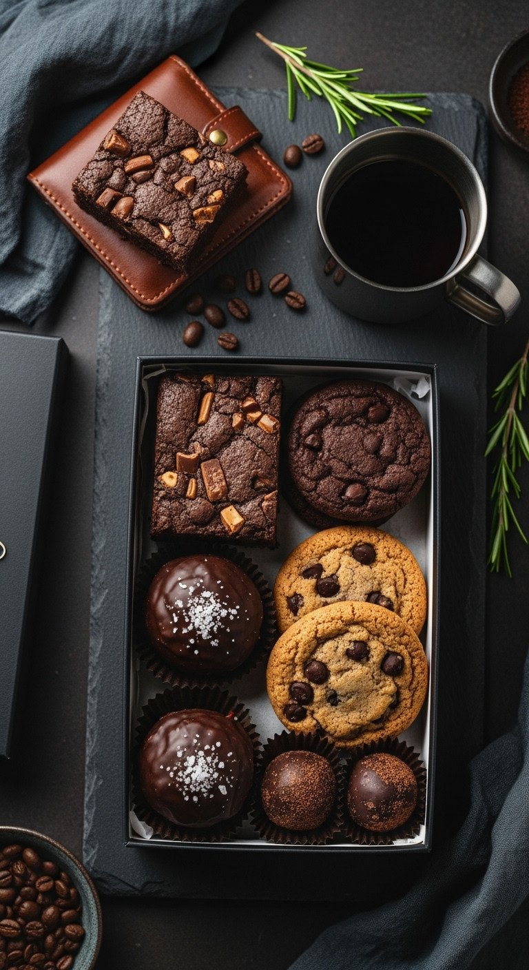 Masculine Valentine's Dark Chocolate Box With Salted Caramel Brownies, Espresso Cookies, Bourbon Truffles On Dark Slate.