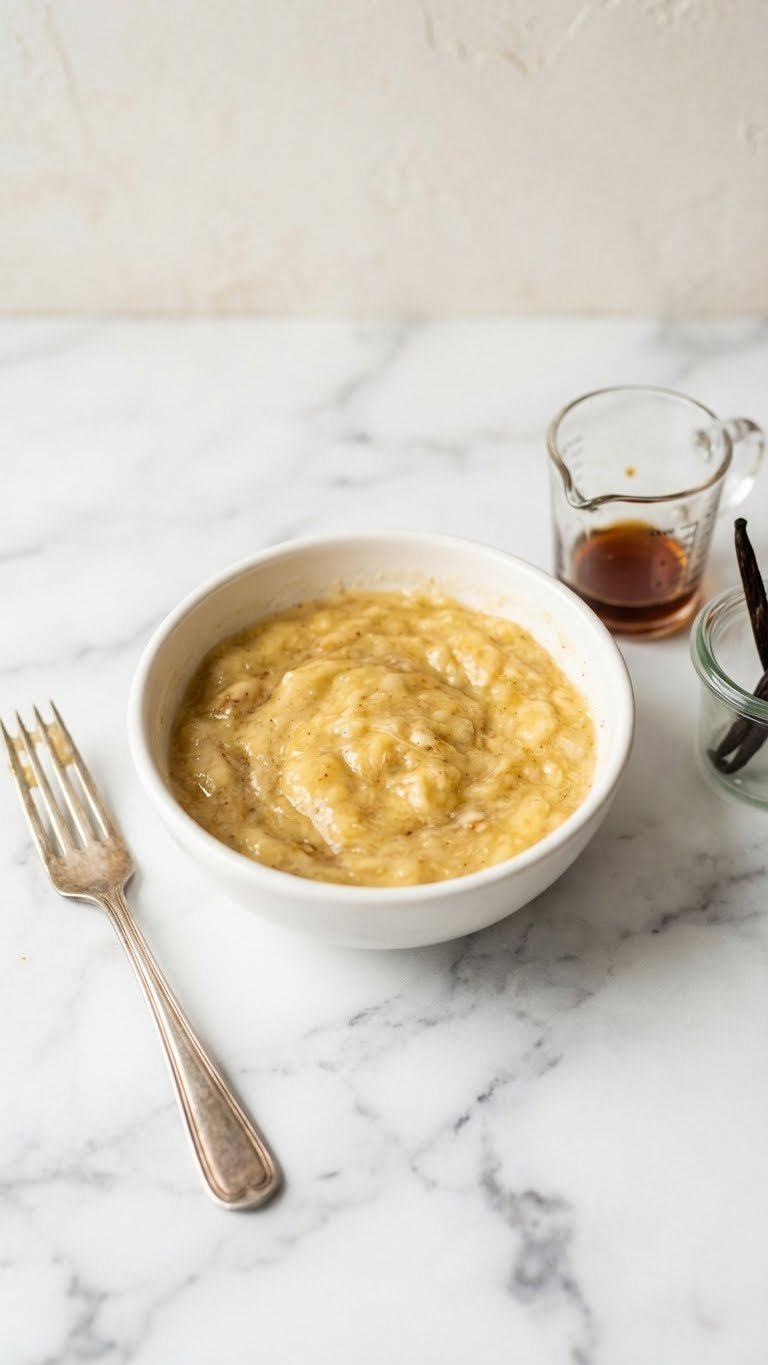 Mashed Overripe Banana Mixture In White Bowl On Marble, Showing Sticky Consistency, Ideal For A Vegan Egg Substitute.