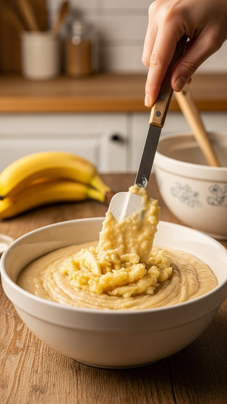 Mashed Ripe Banana Mixed Into Thick Pancake Batter With A Spatula, Creating A Rich, Textured Vegan Egg Substitute.
