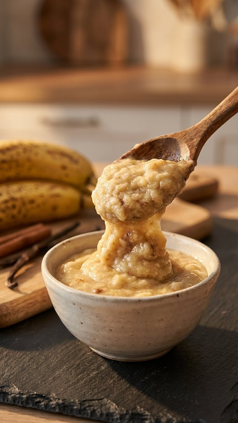 Mashed Ripe Banana With Brown Spots Scooped From A Ceramic Bowl Using A Wooden Spoon On Dark Slate For Baking.