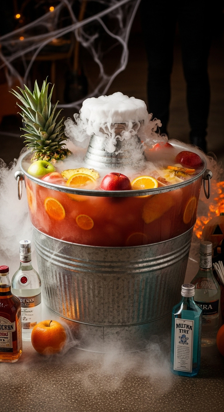 Massive Galvanized Metal Beverage Tub With Deep Orange Jungle Juice Whole Apples Pineapple Orange Slices And Dry Ice Fog Perfect For Party Recipes