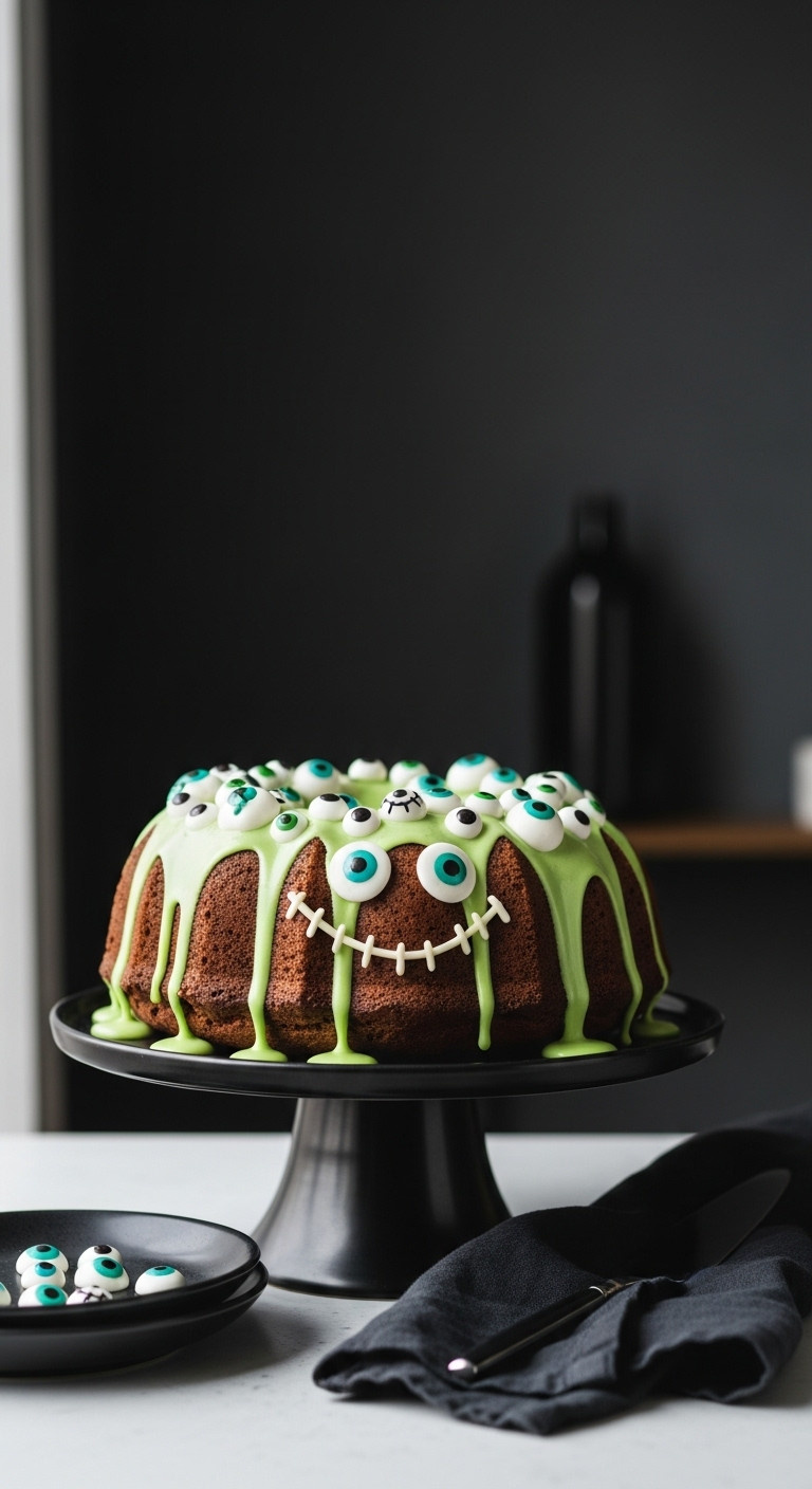 Matcha Monster Bundt Cake With Green Glaze And Candy Eyeballs On A Sleek Black Cake Stand