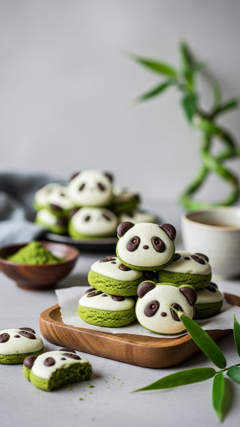 Matcha Green Tea Panda Cookies With Dark Chocolate Details On Rustic Wooden Tray