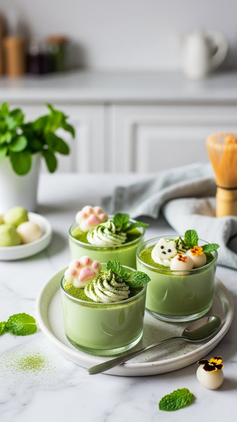 Matcha Green Tea Pudding Trio In Glass Ramekins With Cute Toppings Like Whipped Cream And Mochi Balls