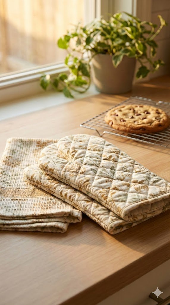 Matching Baking Accessories Set Including Oven Mitts And Towel With Freshly Baked Goods