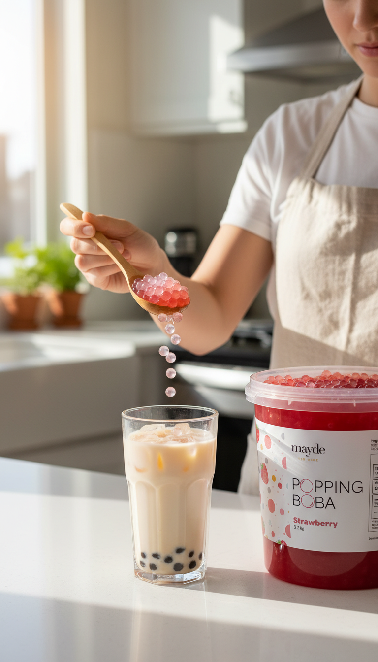 A Spoonful Of Mayde Strawberry Popping Boba Showing Its Texture And Color.