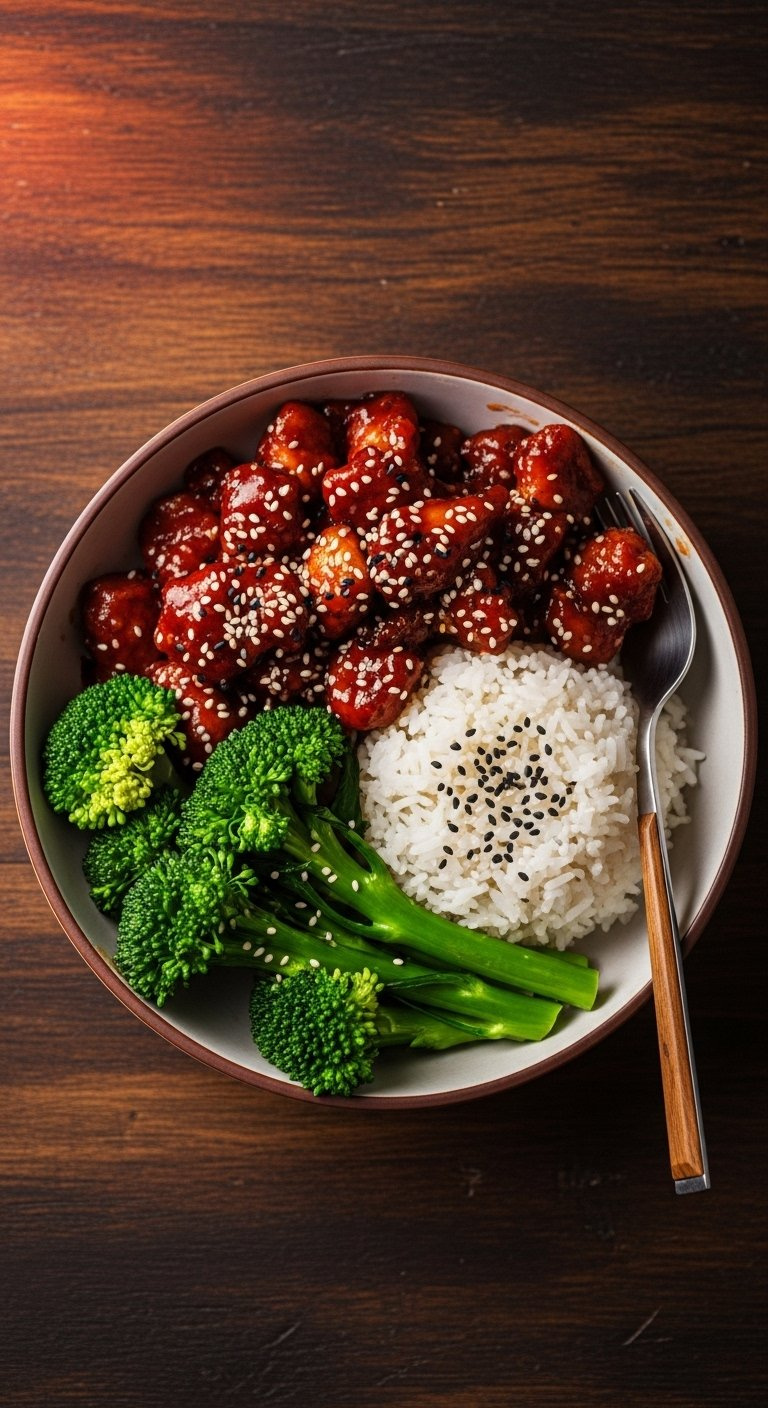 Meal Bowl Featuring Sticky Honey Gochujang Chicken, Fluffy Jasmine Rice, And Steamed Broccoli Garnished With Sesame Seeds.
