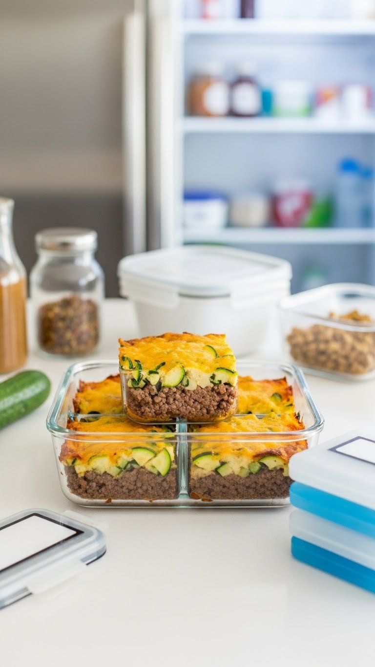 Meal Prep Containers Filled With Cheesy Zucchini Ground Beef Bake Ready For Storage