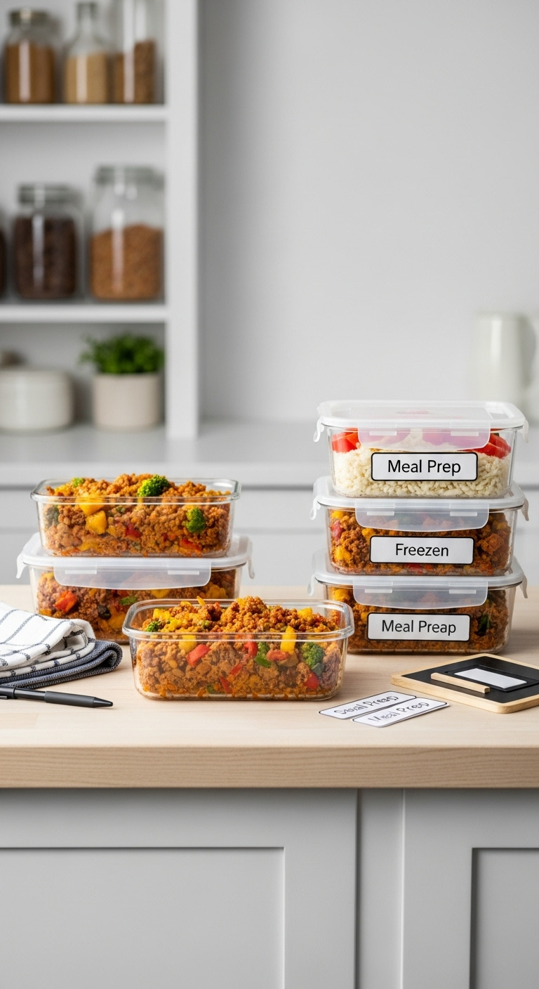 Meal Prep Containers With Southwest Ground Beef And Sweet Potato Skillet Stacked And Labeled On Light Wood Countertop With Kitchen Towels