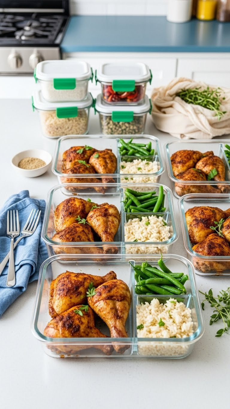 Meal Prep Containers With Baked Chicken Drumsticks And Portioned Side Dishes Organized For Batch Cooking