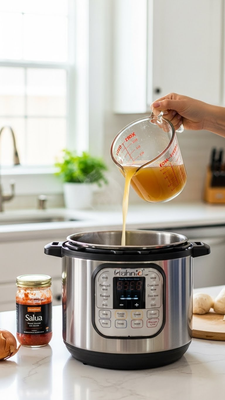 Measuring Cup Pouring Golden Chicken Broth Into Instant Pot With Chicken Already Inside To Prevent Burn Error