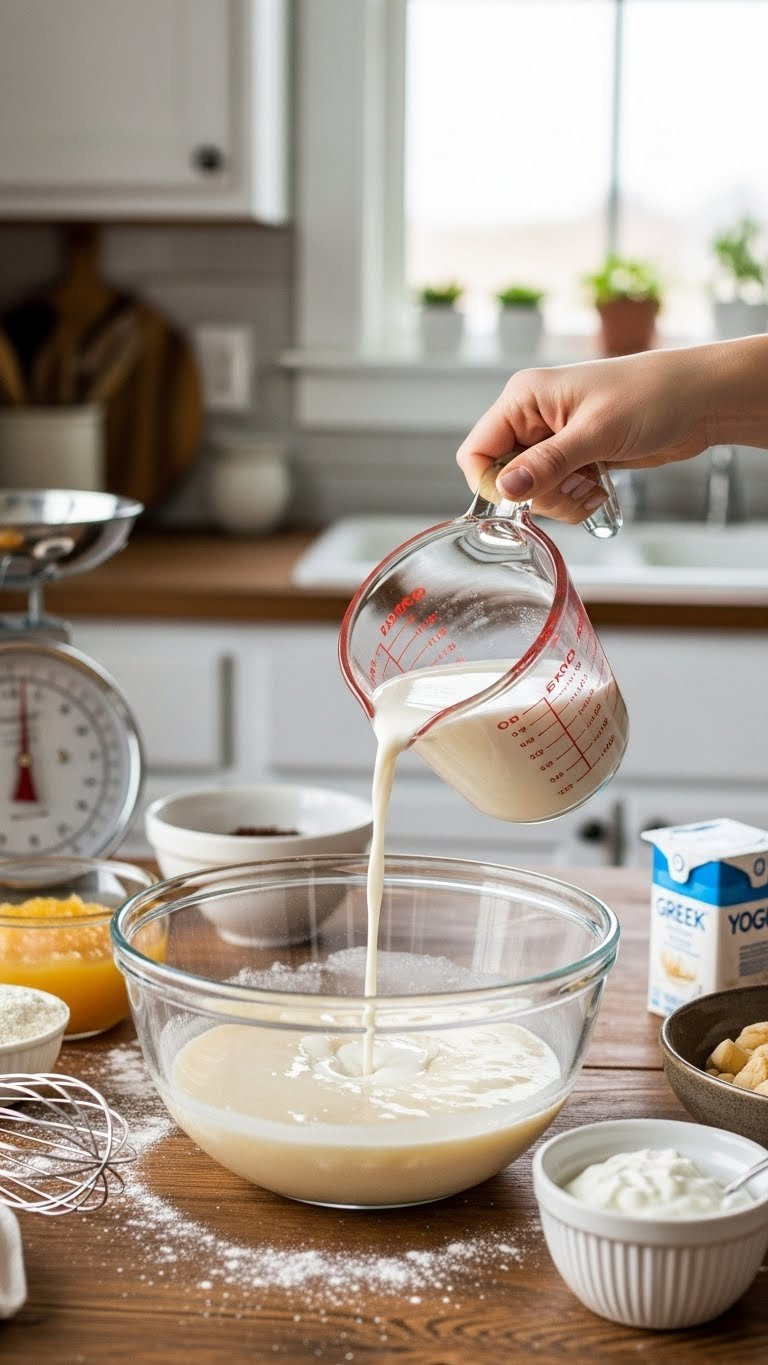 Measuring Cup Pouring Liquid Into Mixing Bowl With Batter While Kitchen Scale Shows Precise Baking Measurements