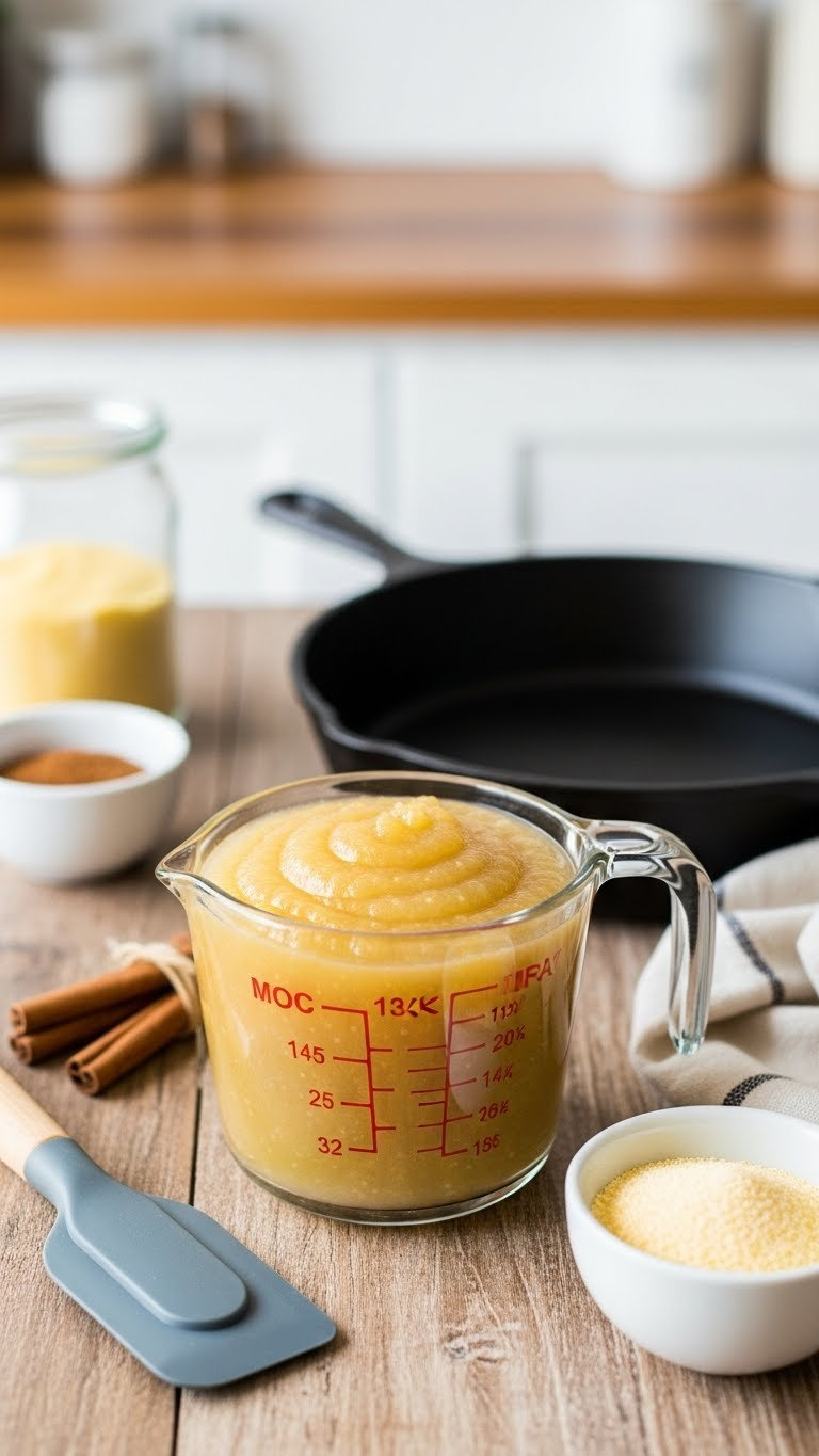 Measuring Cup With Smooth Applesauce Next To Cornmeal And A Cast Iron Skillet On A Rustic Kitchen Table, For Baking.